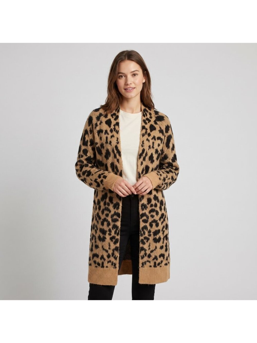 BP Women's Long Leopard Print Cardigan Open Front Duster Sweater in size M